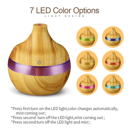 Wooden diffuser with LED color options on a white background