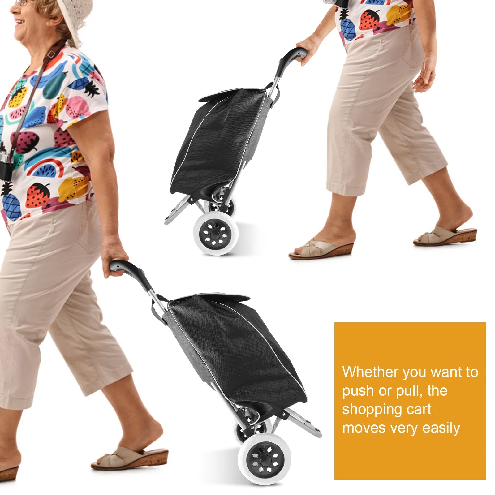 Two people using a black and silver shopping cart on a white background with text about its ease of use.