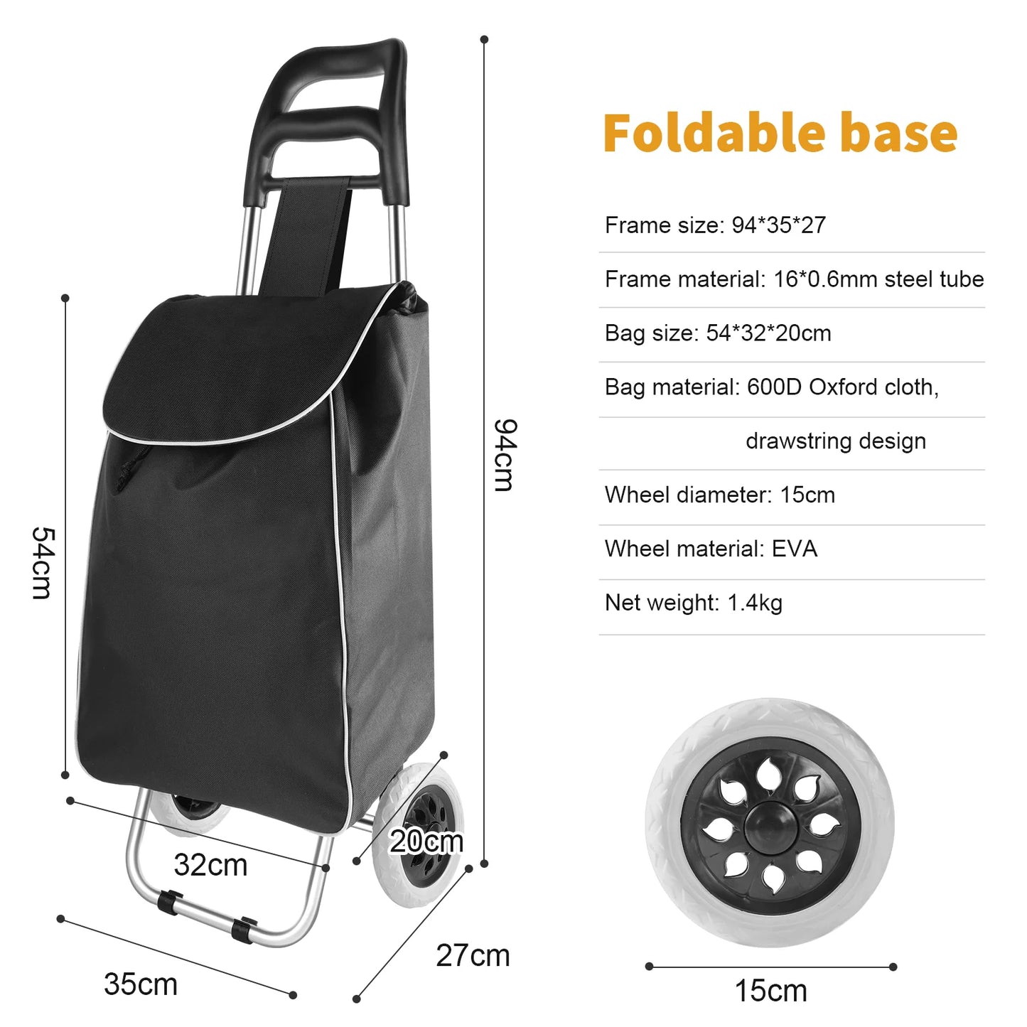 Black folding shopping cart with measurements and specifications on a white background