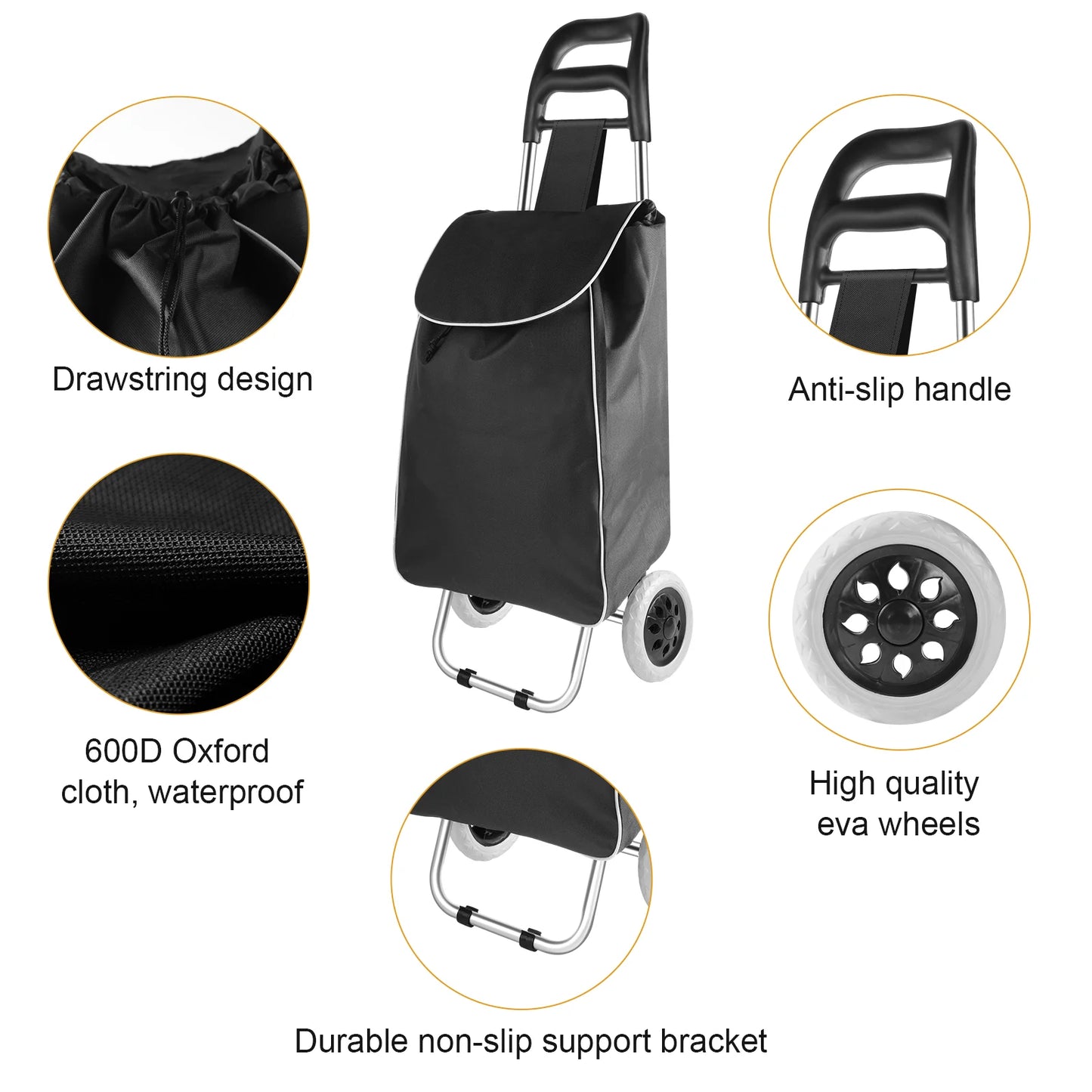 Black shopping cart with features highlighted on a white background