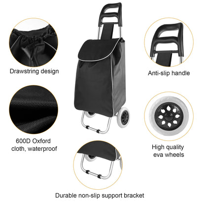 Black shopping cart with features highlighted on a white background