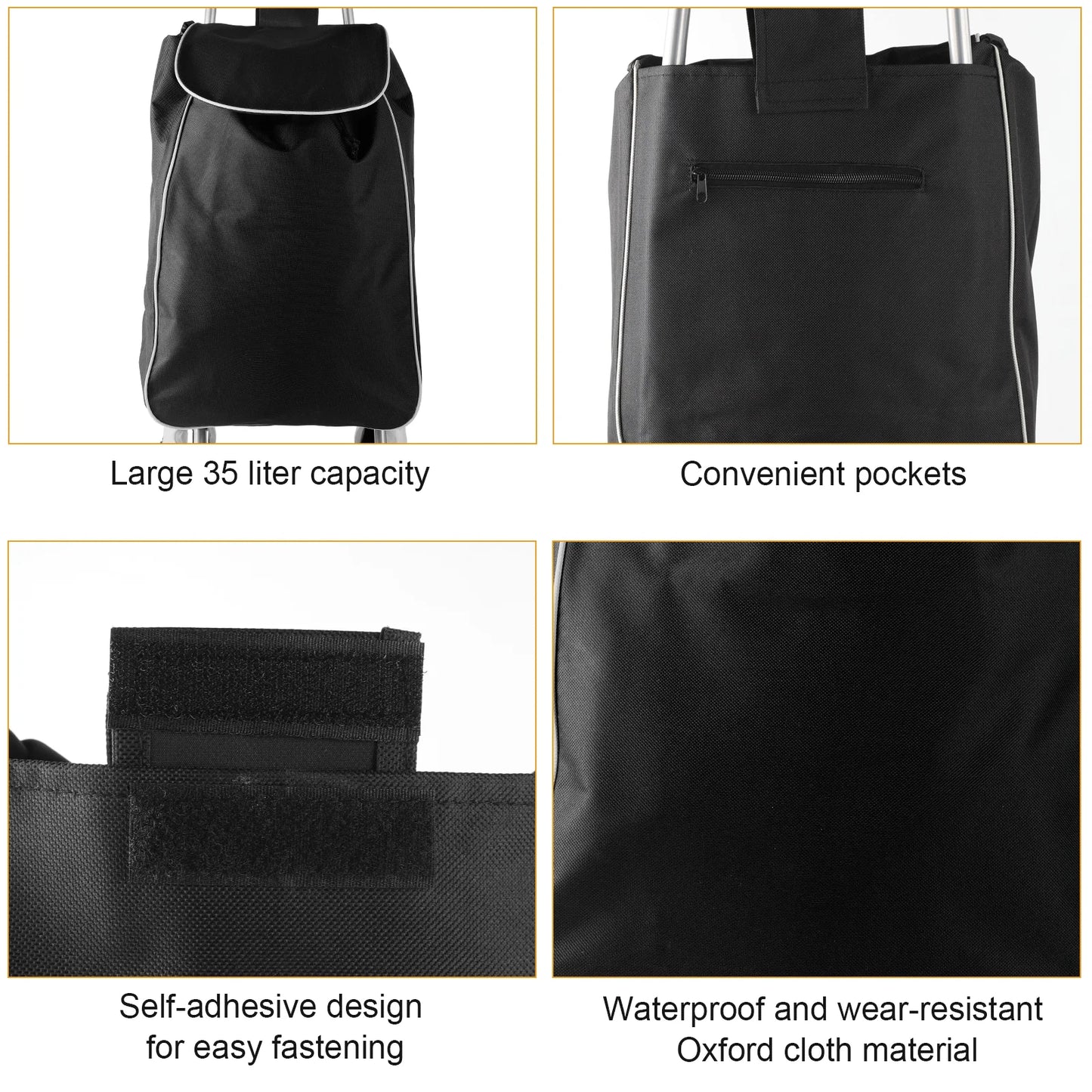 Black shopping cart bag with features highlighted on a white background