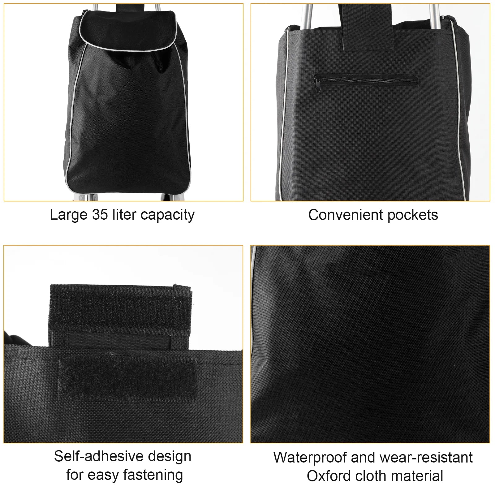 Black shopping cart bag with features highlighted on a white background
