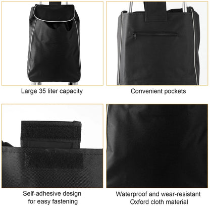 Black shopping cart bag with features highlighted on a white background