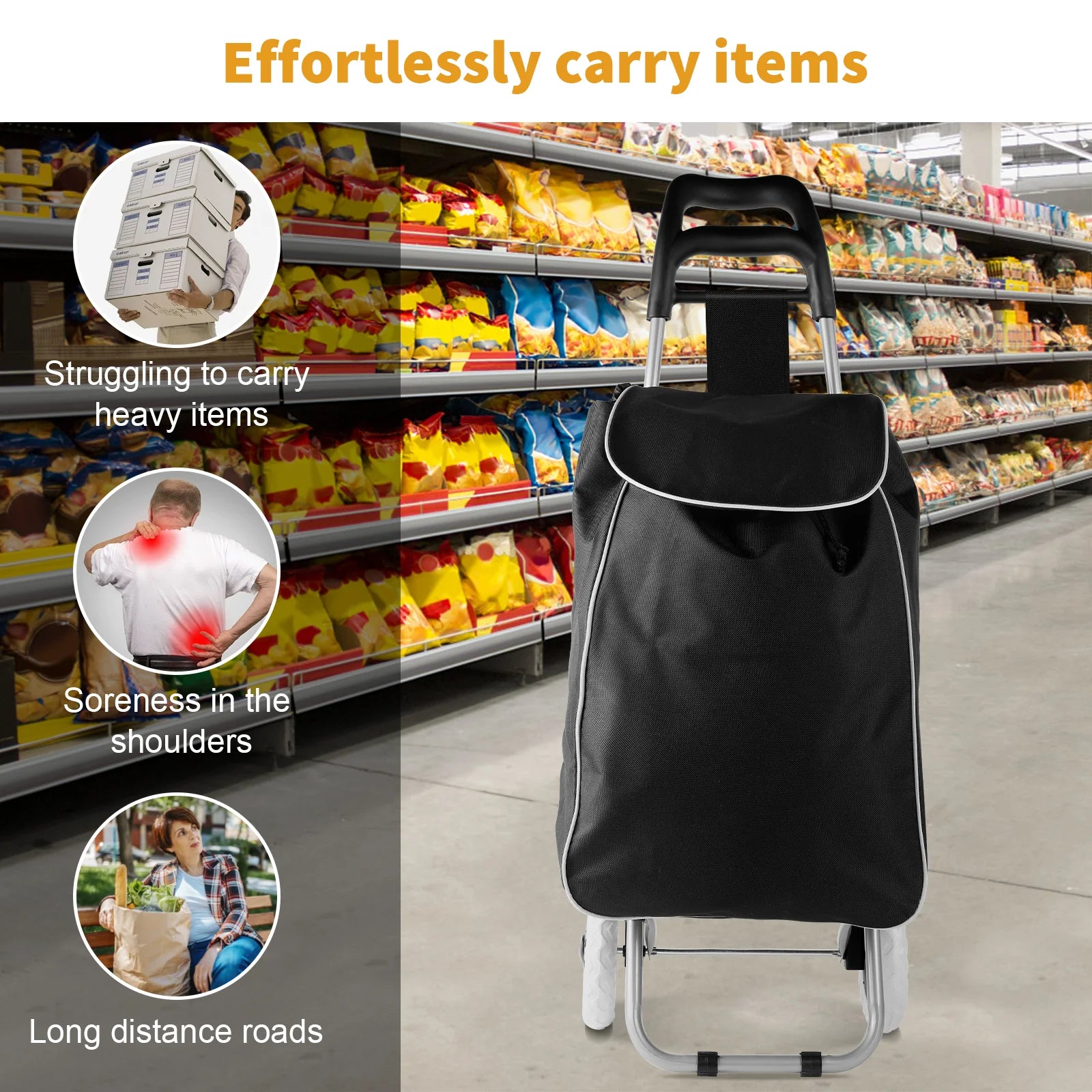 Black shopping cart with bag in a grocery store aisle, highlighting ease of use.