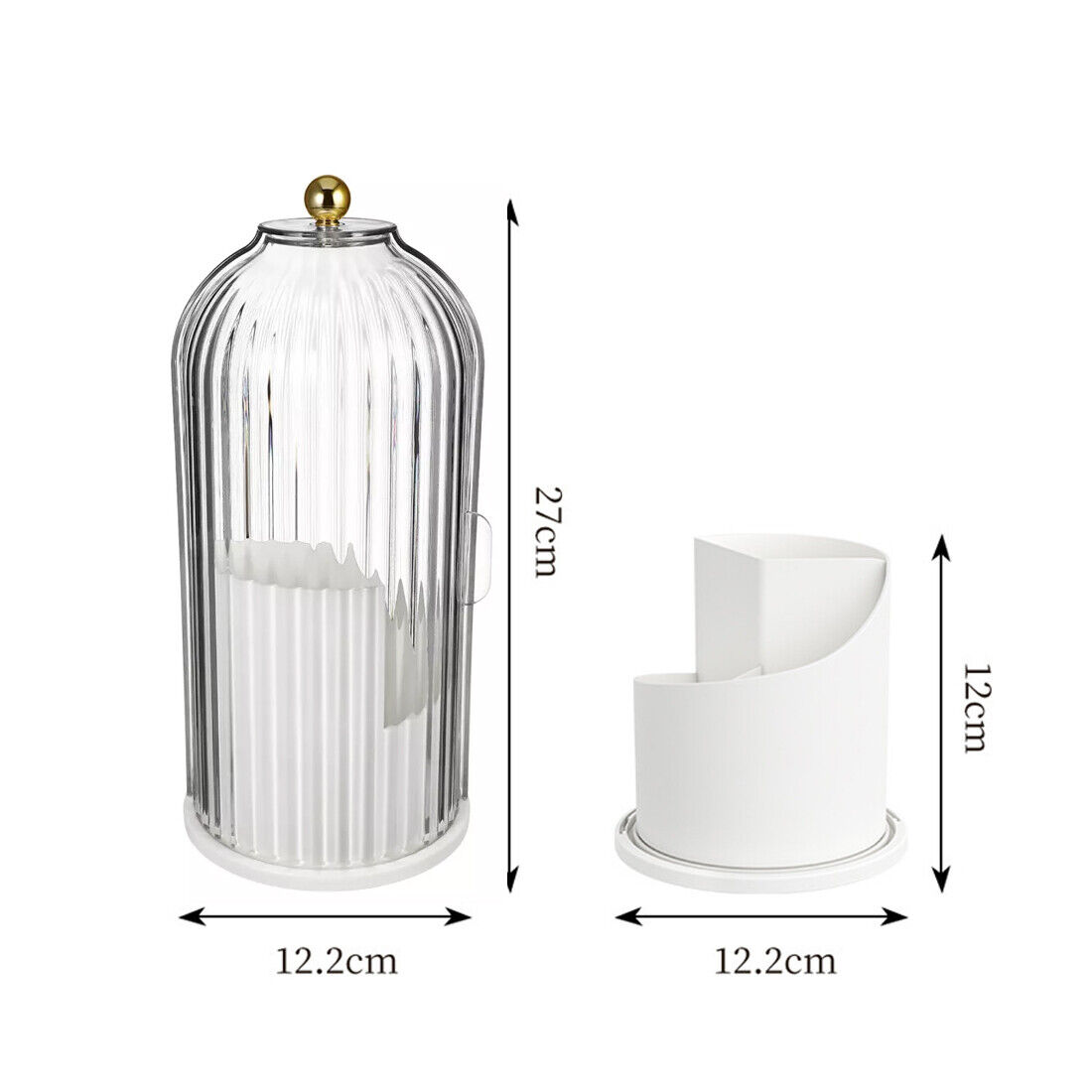 Glass candle holder with dimensions on a white background