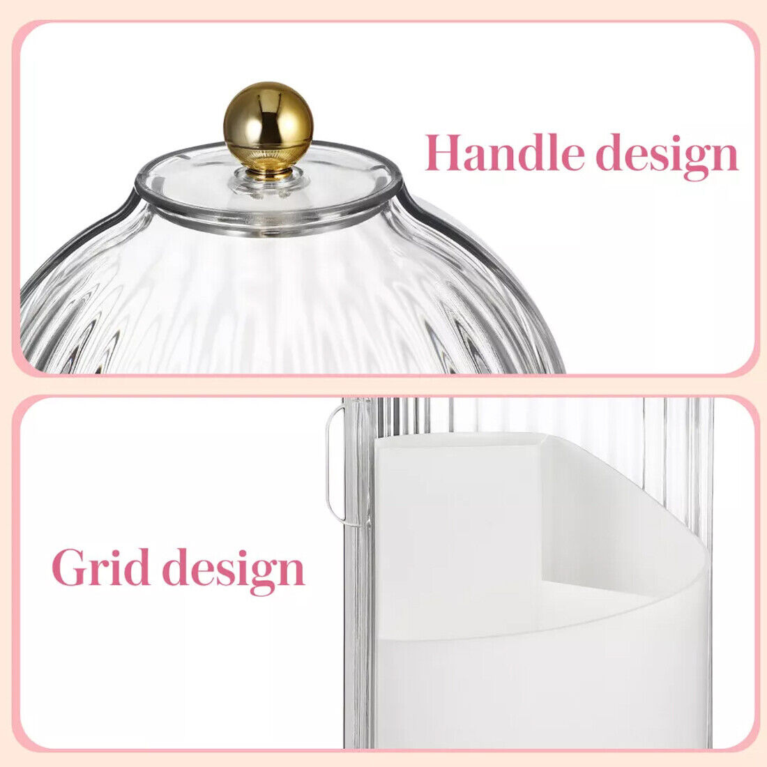 Glass display case with gold handle and grid design on a pink background