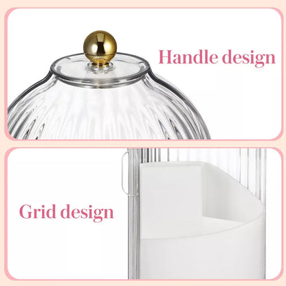 Glass display case with gold handle and grid design on a pink background