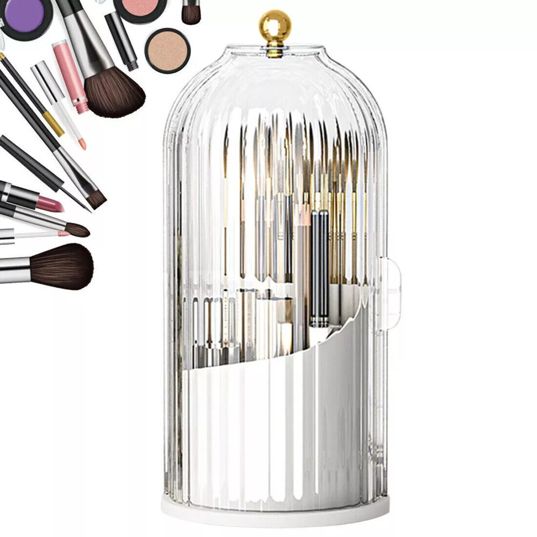 Makeup brush set with a clear dome organizer on a white background