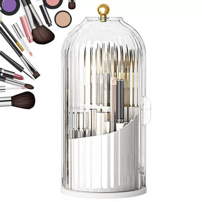 Makeup brush set with a clear dome organizer on a white background