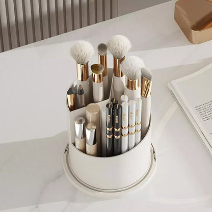 Makeup brush set in a white holder on a light surface