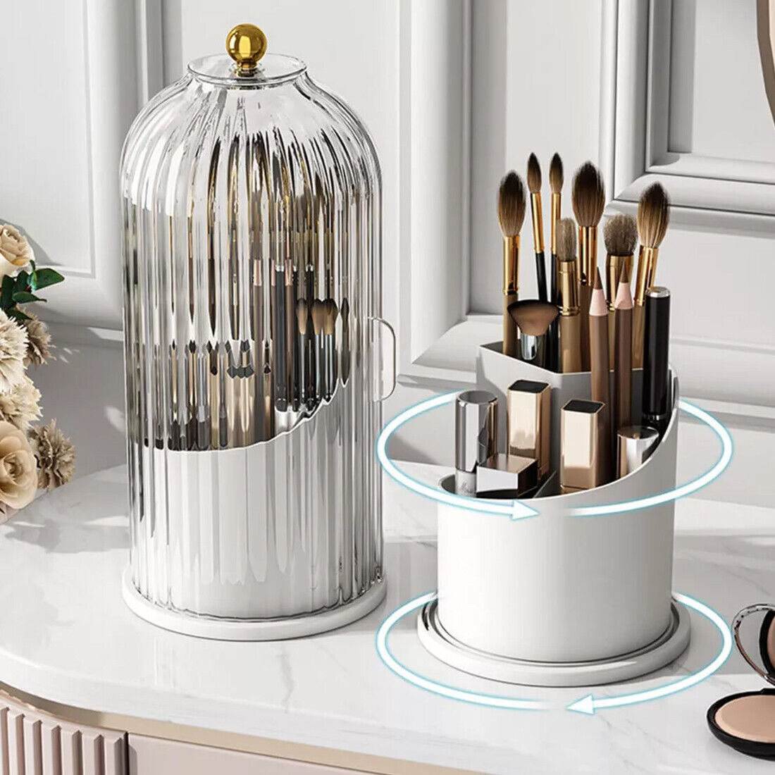 Makeup brush holder with decorative elements on a vanity table.