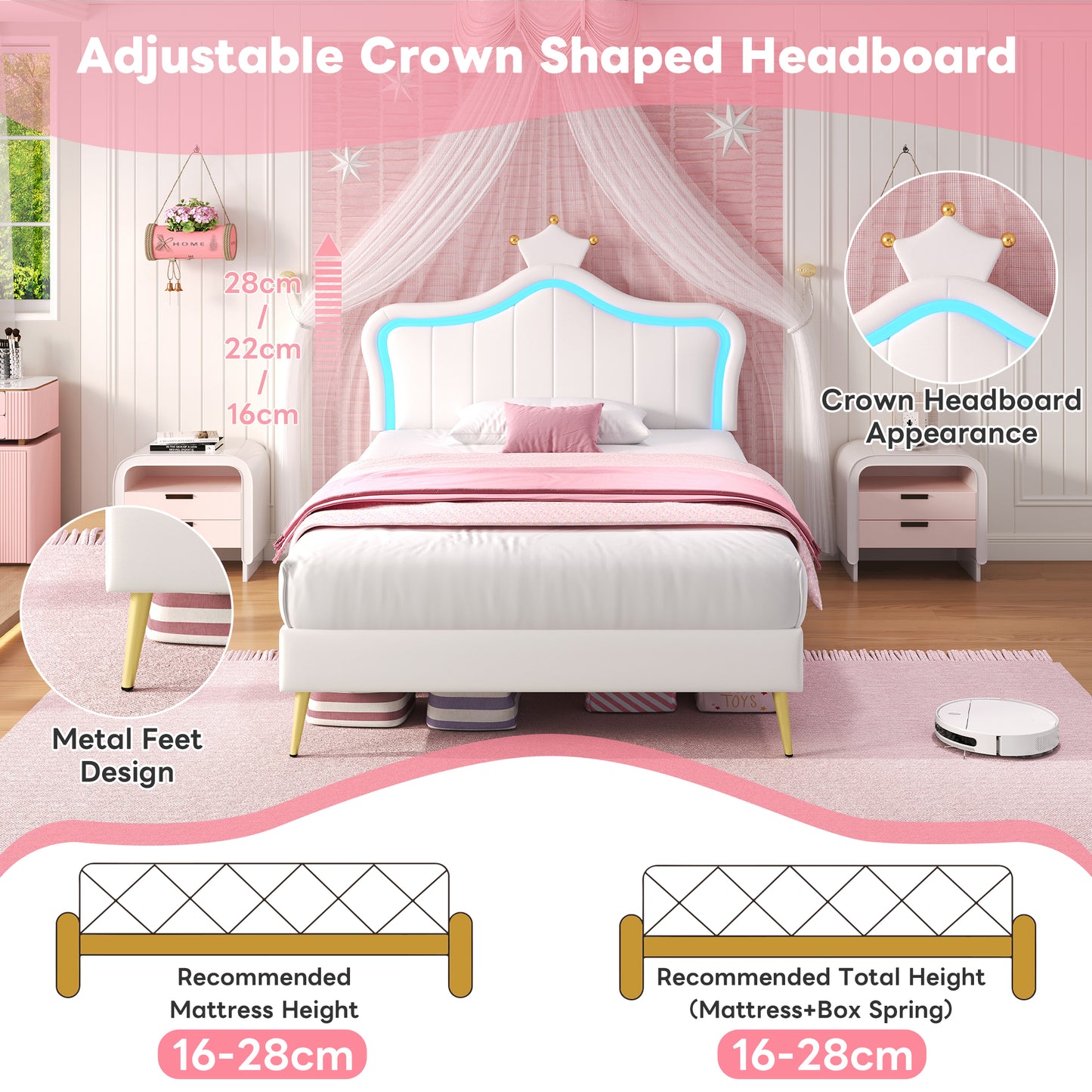 Bedroom with adjustable crown-shaped headboard, metal feet design, and pink canopy.