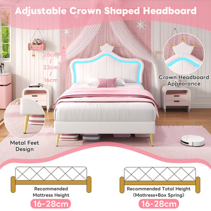 Bedroom with adjustable crown-shaped headboard, metal feet design, and pink canopy.