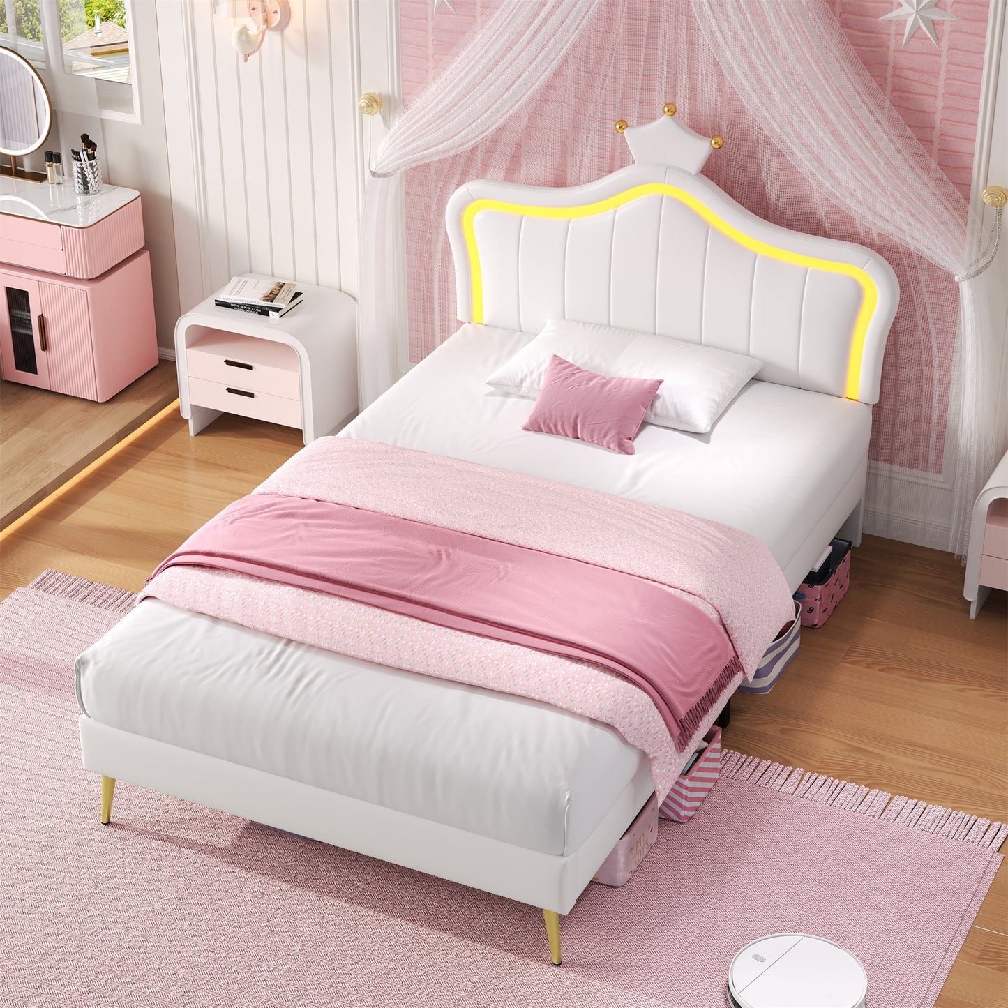 White bed with pink bedding in a bedroom setting