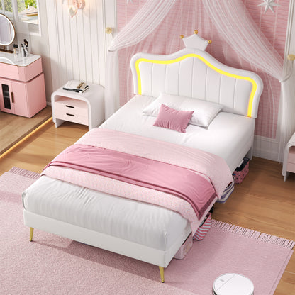 White bed with pink bedding in a bedroom setting