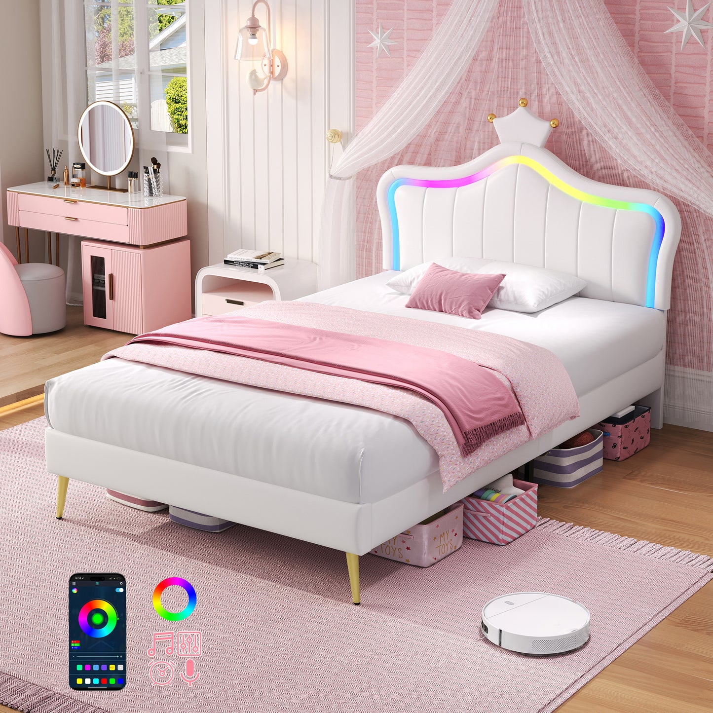 Children's bedroom with a white bed, pink bedding, and colorful LED lights.