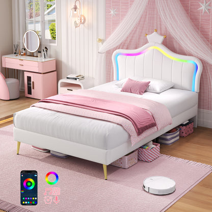 Children's bedroom with a white bed, pink bedding, and colorful LED lights.