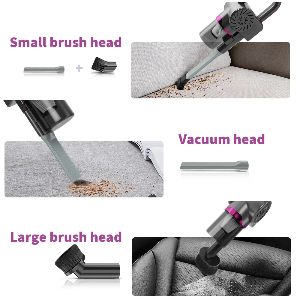 Collage of a vacuum cleaner with different brush heads cleaning various surfaces.