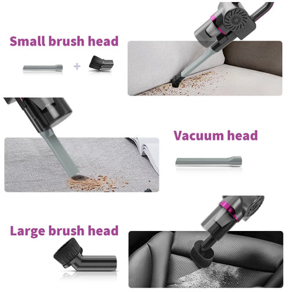 Collage of a vacuum cleaner with different brush heads cleaning various surfaces.