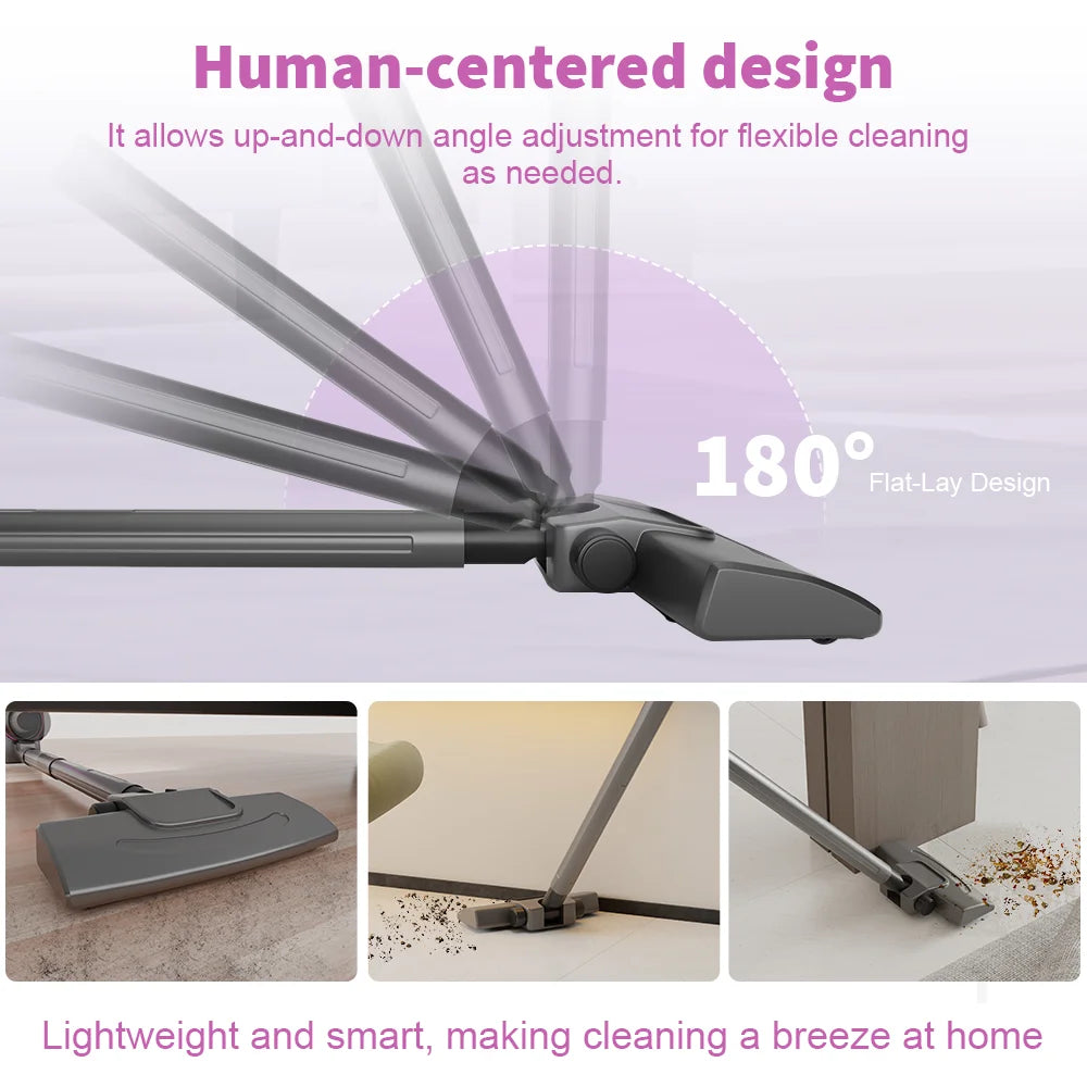 Cleaning tool with adjustable head and flat lay design, shown in use on different surfaces.