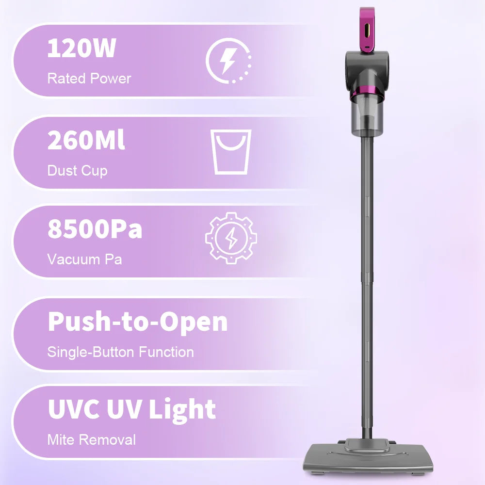 Vacuum cleaner with specifications on a light purple background