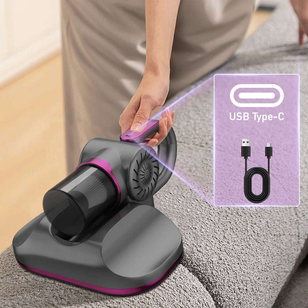Handheld vacuum cleaner with USB Type-C cable on a carpet