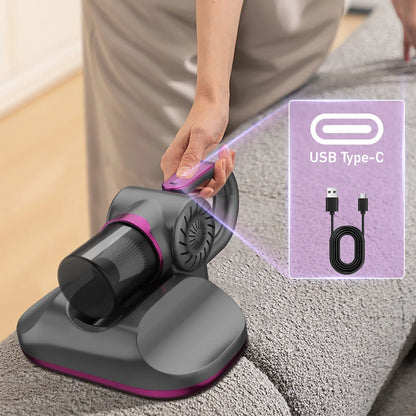 Handheld vacuum cleaner with USB Type-C cable on a carpet