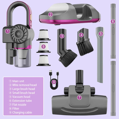 Set of vacuum cleaner attachments on a purple background with labels.