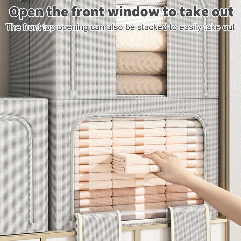 Folded towels inside a gray storage cabinet with text instructions on opening the front window.