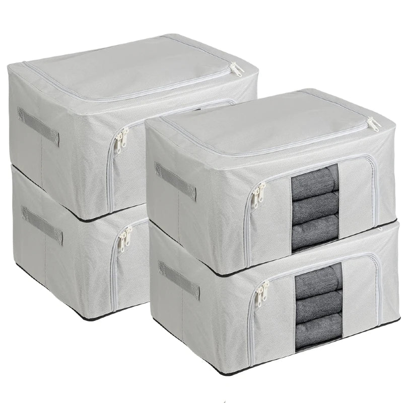 Set of gray storage boxes with zippers on a white background
