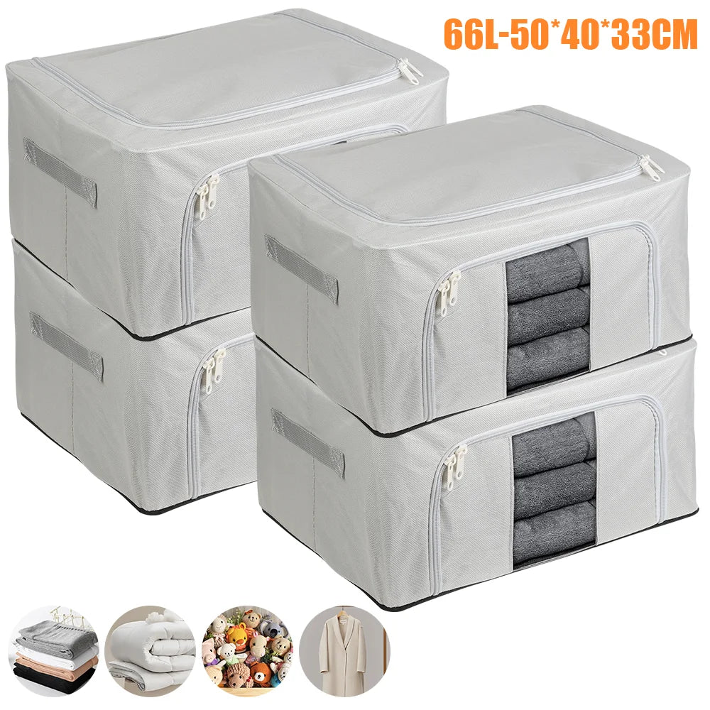 Set of three gray storage bags with zippers, showing interior compartments on a white background.