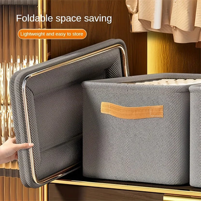Foldable storage box with a hand holding it, labeled as space-saving and lightweight.