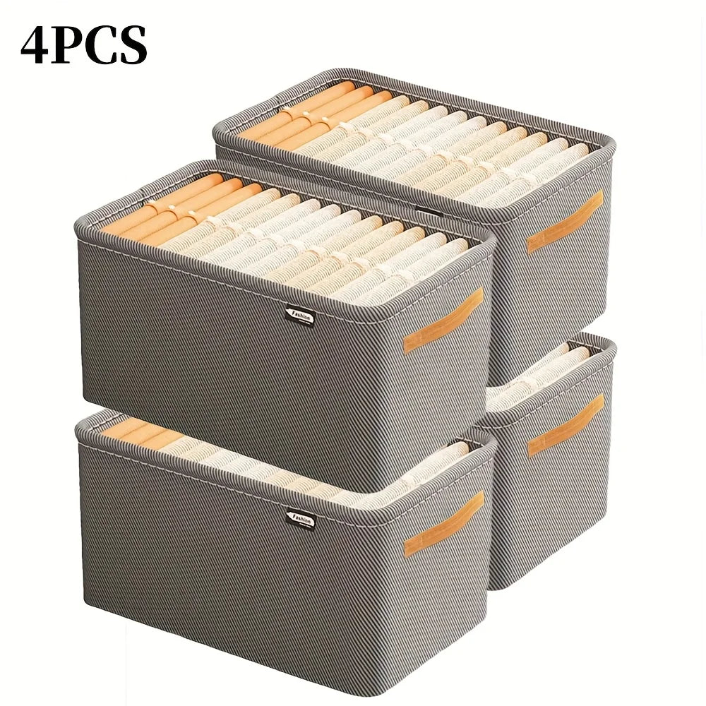 Set of four gray storage boxes with wooden lids on a white background