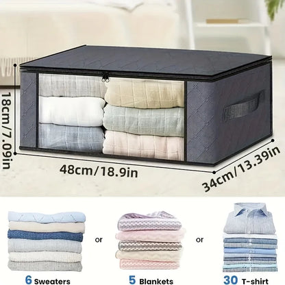 Gray storage bag with folded clothes inside, showing dimensions and capacity for sweaters, blankets, and t-shirts.