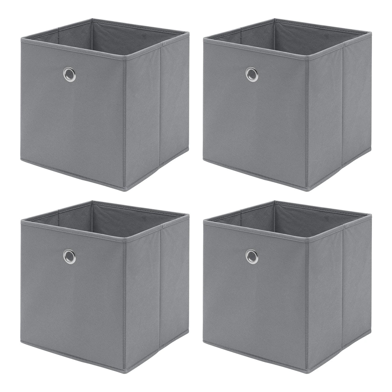 Four gray storage cubes with circular handles on a white background