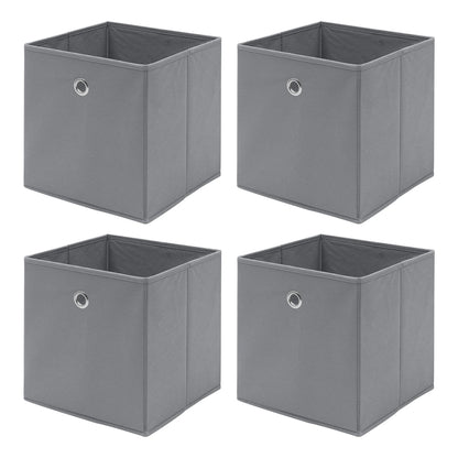 Four gray storage cubes with circular handles on a white background