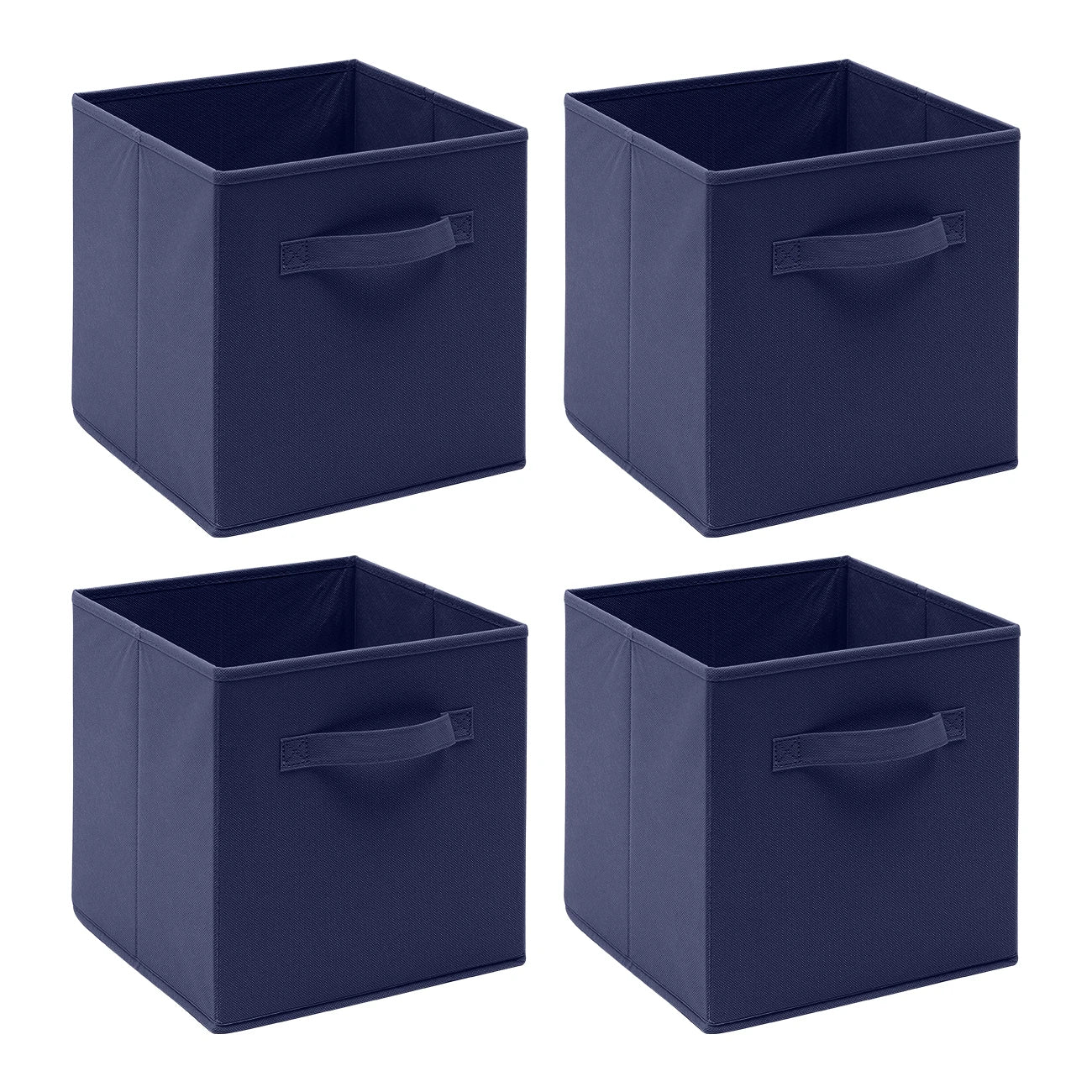 Four navy blue storage cubes with handles on a white background