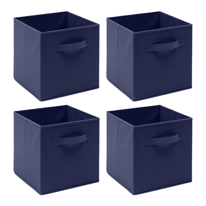 Four navy blue storage cubes with handles on a white background