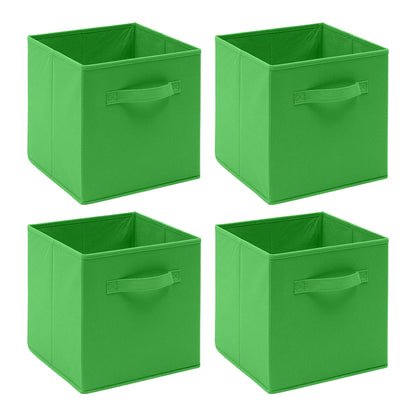 Four green storage cubes with handles on a white background