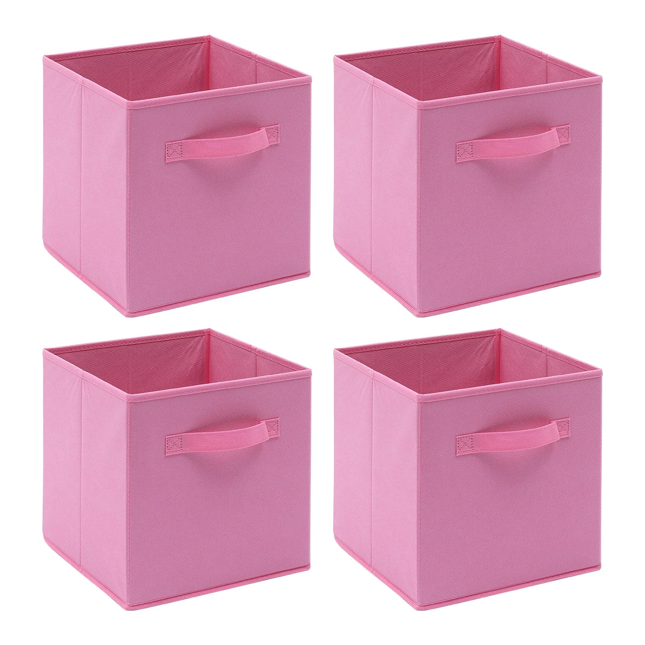 Four pink storage cubes with handles on a white background