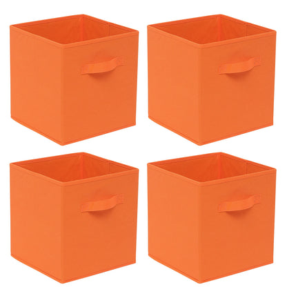 Four orange cube-shaped storage bins with handles on a white background