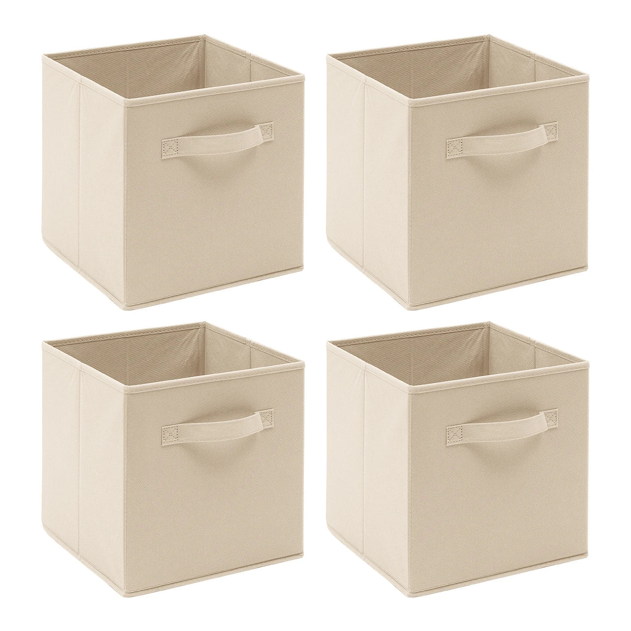 Four beige storage cubes with handles on a white background