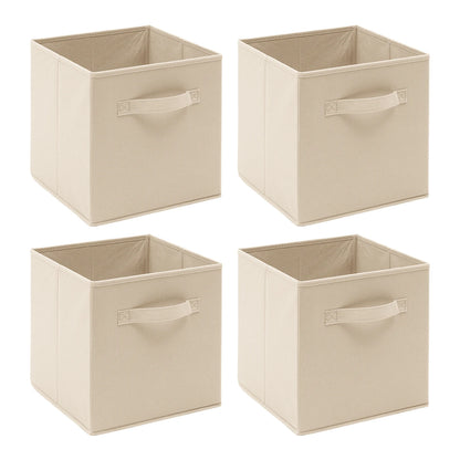 Four beige storage cubes with handles on a white background