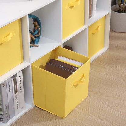Yellow storage cube on a wooden floor with a bookshelf in the background