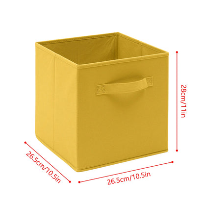 Yellow storage cube with dimensions on a white background