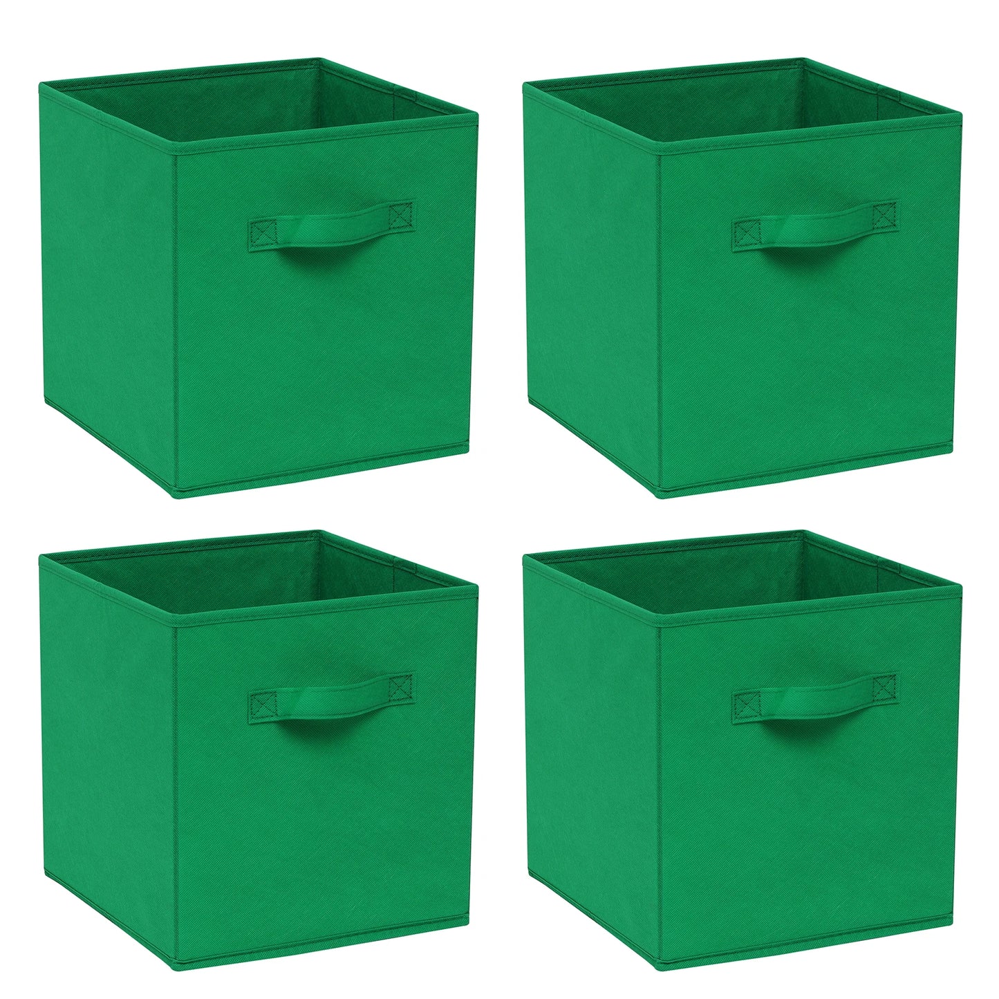 Four green storage cubes with handles on a white background