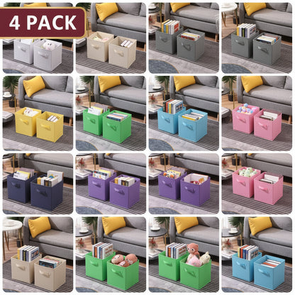 Collage of storage cubes in various colors with items inside, placed against a sofa background.