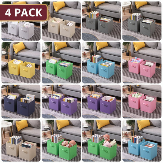 Collage of storage cubes in various colors with items inside, placed against a sofa background.