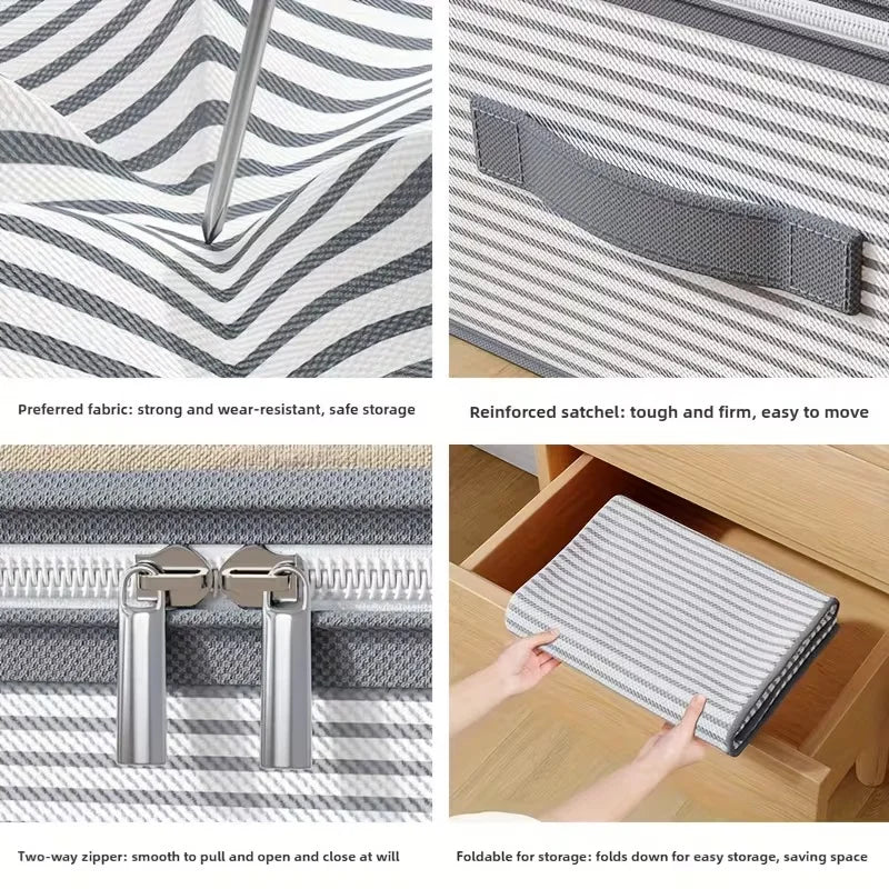 Collage of a striped storage bag with features highlighted on a white background.